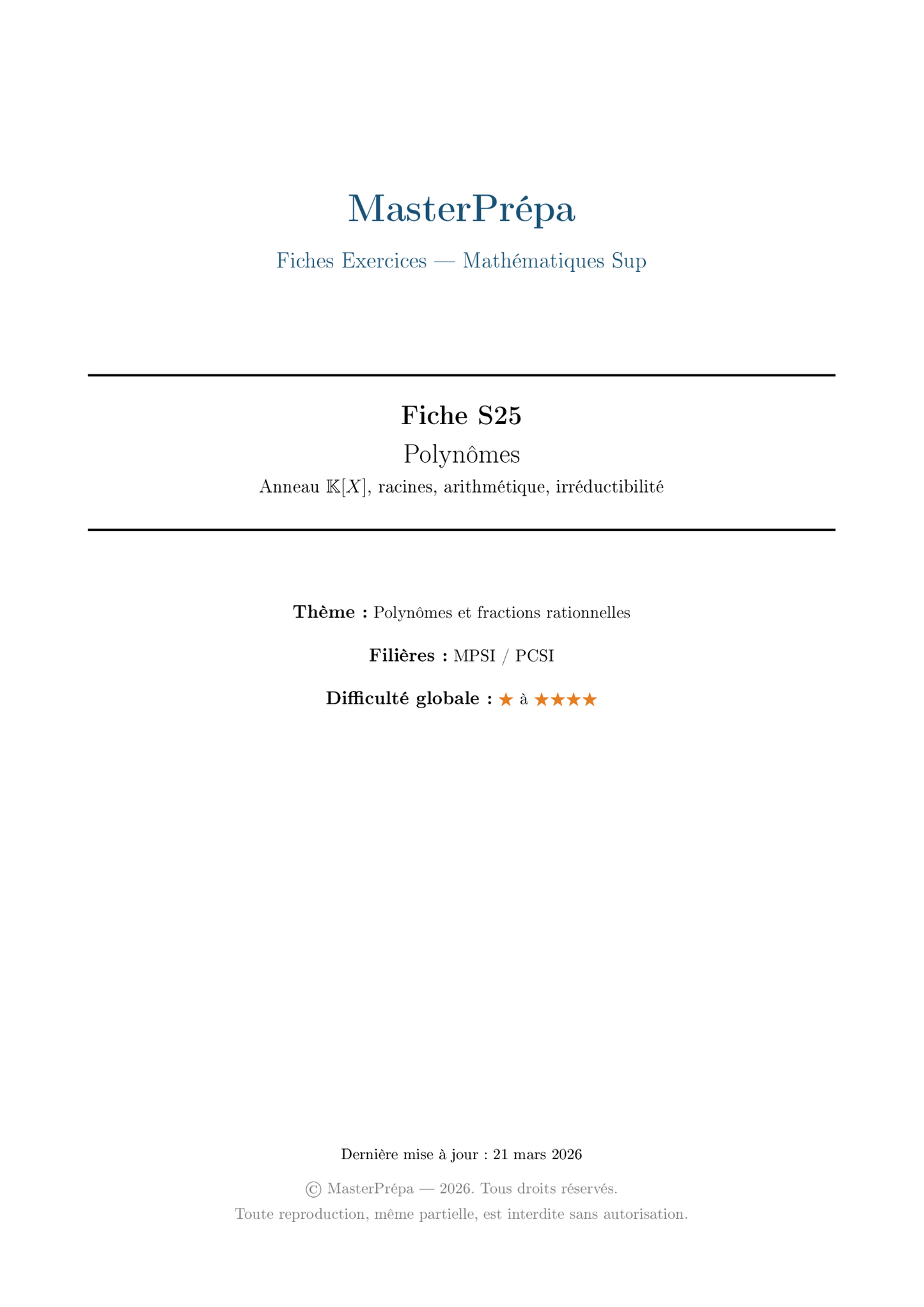 Les Masterfiches Exercices de l'élite (Maths Sup : MPSI / PCSI / L1)