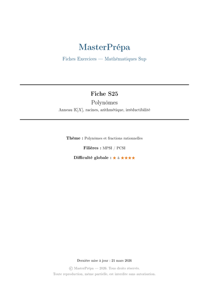 Les Masterfiches Exercices de l'élite (Maths Sup : MPSI / PCSI / L1)