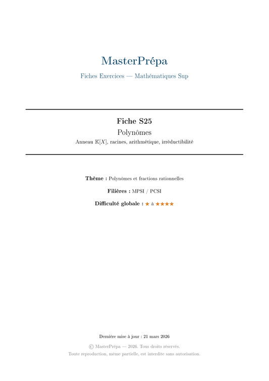 Les Masterfiches Exercices de l'élite (Maths Sup : MPSI / PCSI / L1)