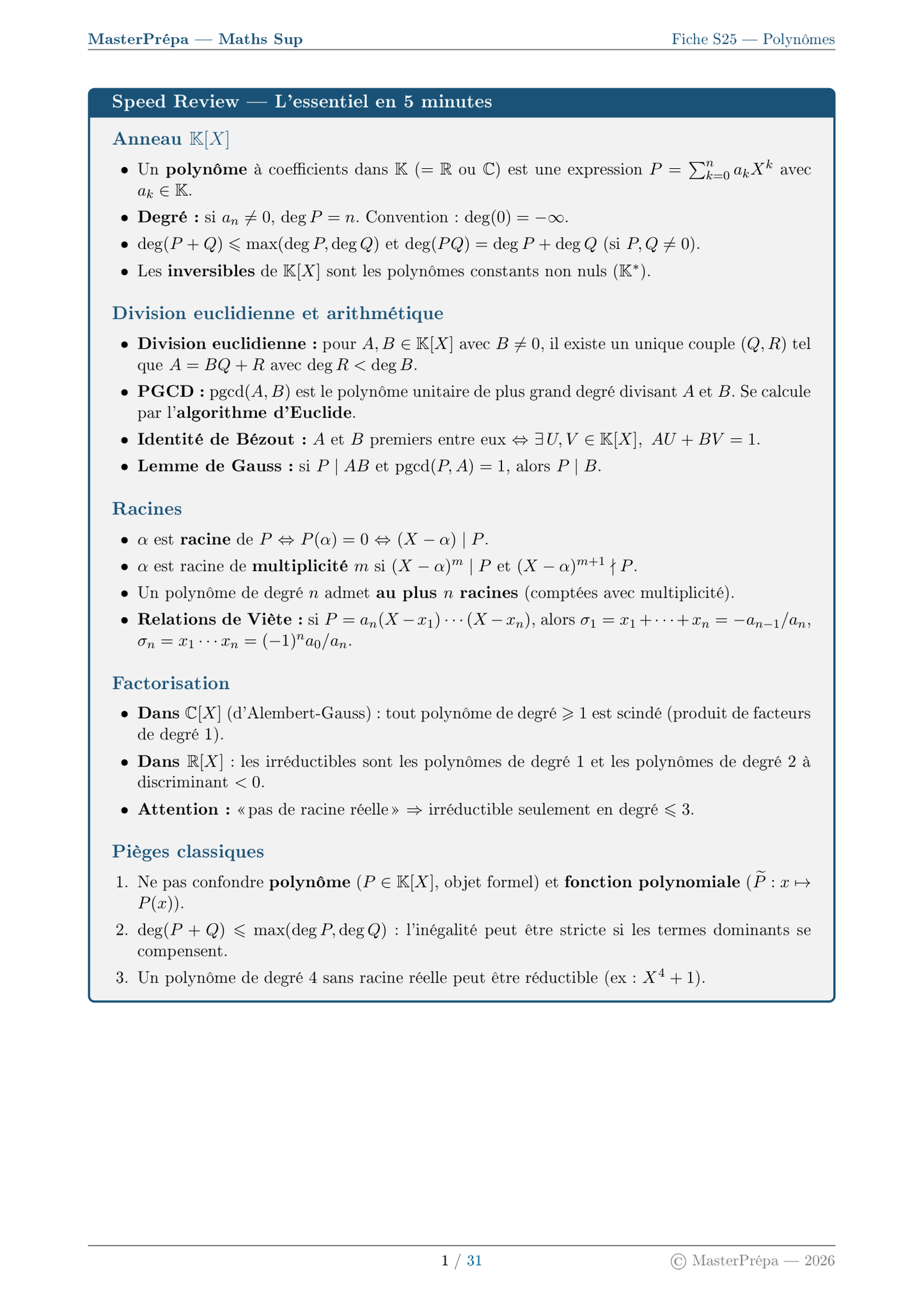 Les Masterfiches Exercices de l'élite (Maths Sup : MPSI / PCSI / L1)