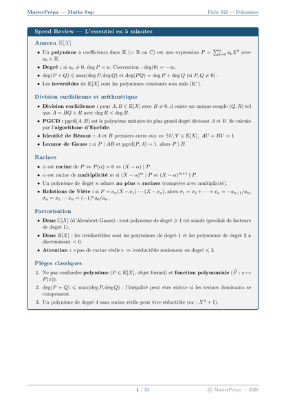 Les Masterfiches Exercices de l'élite (Maths Sup : MPSI / PCSI / L1)